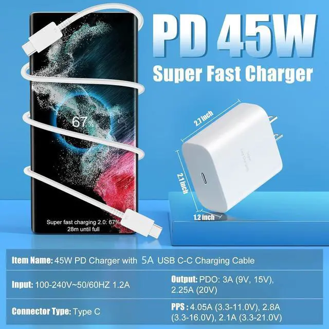 Alt view image 2 of 7 - 45W Samsung Charger Super Fast Charging USB C Super Fast Charger with 6FT Type C Charger Cable Cord for Samsung Galaxy S25/S24/S23/S22/S21/Ultra/Plus/FE,A55,A15,A16,Note 20/10,Z Fold/Z Flip/Galaxy Tab