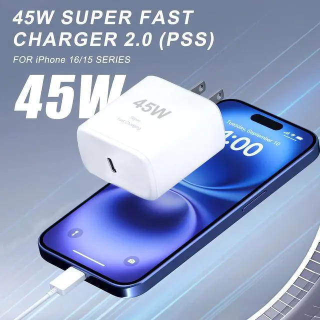 Alt view image 2 of 7 - iPhone 16 Pro Max Charger 45W USB C iPhone 16 Charger Block Fast Charging with 6.6FT Long Type C Cord Cable for iPhone 16 Pro/Pro Max/Plus, i-Pad Pro/Mini/Air, Galaxy S24/S23/S22Ultra