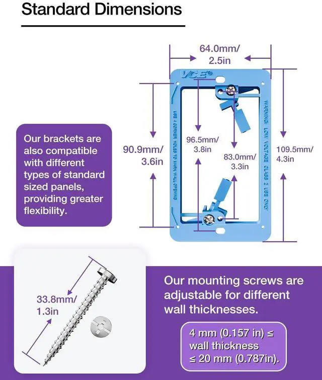 Alt view image 6 of 7 - VCE Brush Wall Plate with Low Voltage Box, Decorator Wall Cover with Low Voltage Mounting Bracket for Wall-Mount TV, 2-Pack