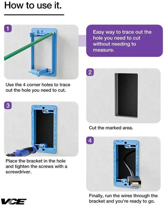 Alt view image 7 of 7 - VCE Brush Wall Plate with Low Voltage Box, Decorator Wall Cover with Low Voltage Mounting Bracket for Wall-Mount TV, 2-Pack