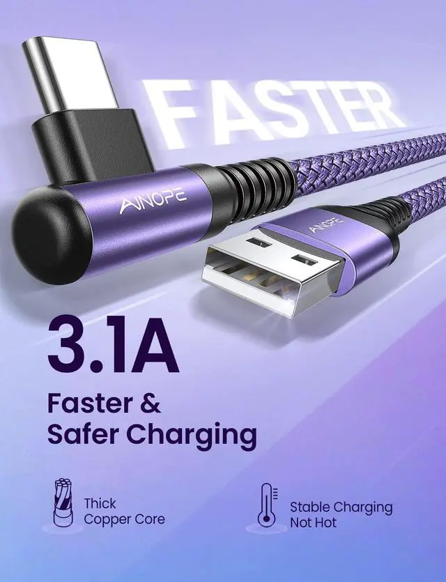 Alt view image 3 of 7 - AINOPE USB C Charger Cable, 3.1A Type C Charger Cable Fast Charging, [2 Pack, 2M] Right Angle USB c Fast Charger Cable Compatible with Samsung Charger Type c, Huawei, Google Pixel, Sony Xperia, LG