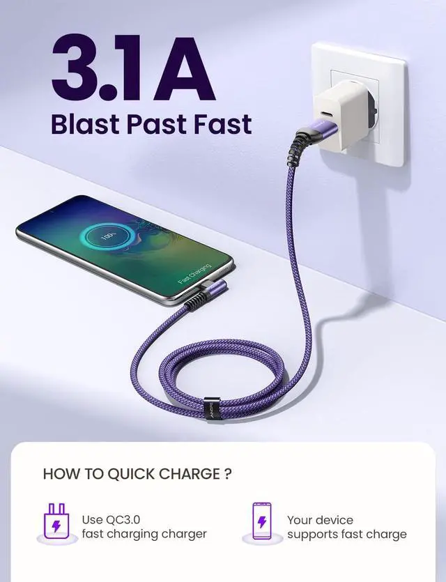 Alt view image 4 of 7 - AINOPE USB C Charger Cable, 3.1A Type C Charger Cable Fast Charging, [2 Pack, 2M] Right Angle USB c Fast Charger Cable Compatible with Samsung Charger Type c, Huawei, Google Pixel, Sony Xperia, LG
