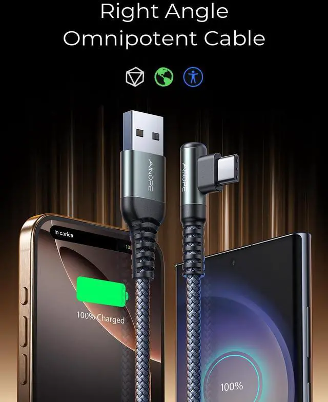Alt view image 2 of 7 - AINOPE USB C Cable [2-Pack, 6.6ft] 3.1A Type C Charger Fast Charging, Right Angle USB to USB C Cable Braided USBC Charger for Galaxy S10+ S10 S9, Note 10 9, LG V30, Moto, iPhone 16 15 Cord Type C