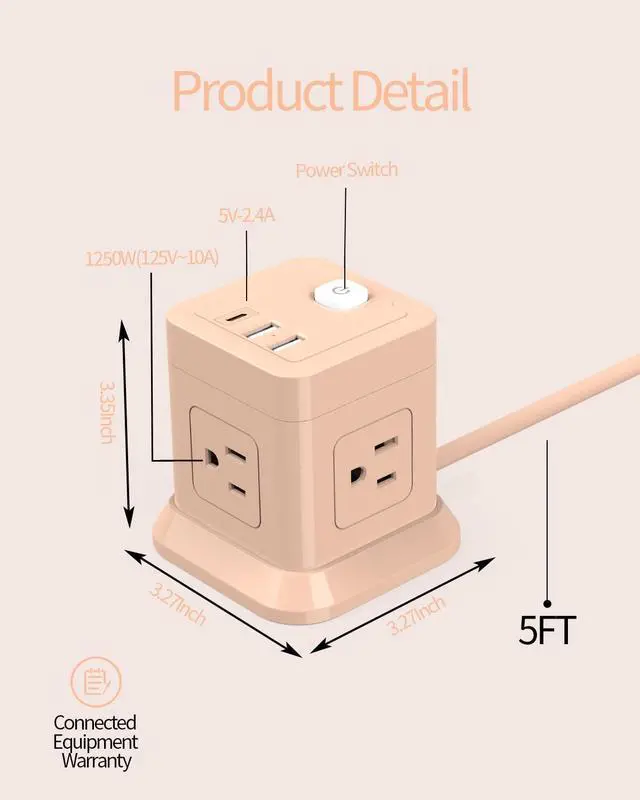 Alt view image 3 of 7 - Cube Power Strip, FDTEK 4 Widely Spaced Outlet with 3 USB (1 USB C) Flat Plug Power Strips with Long Extension Cords Space Save Compact Portable for Travel Home Office Cruise (Pink)