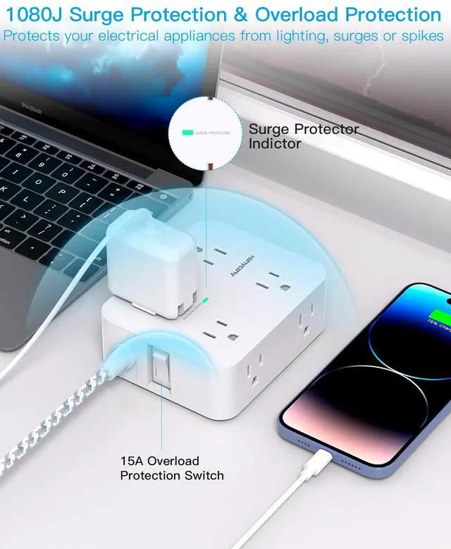 Alt view image 3 of 7 - Surge Protector Power Strip - 8 Outlets 4 USB (2 USB C) Charging Ports, Multi Plug Outlet Extender, 5Ft Braided Extension Cord, Flat Plug Wall Mount Desk Charging Station for Home Office ETL