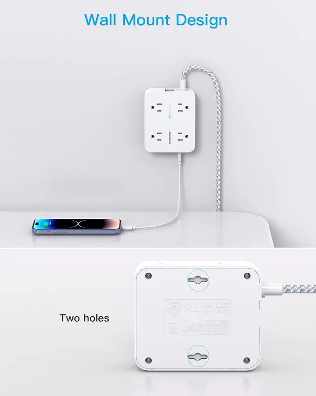 Alt view image 6 of 7 - Surge Protector Power Strip - 8 Outlets 4 USB (2 USB C) Charging Ports, Multi Plug Outlet Extender, 5Ft Braided Extension Cord, Flat Plug Wall Mount Desk Charging Station for Home Office ETL