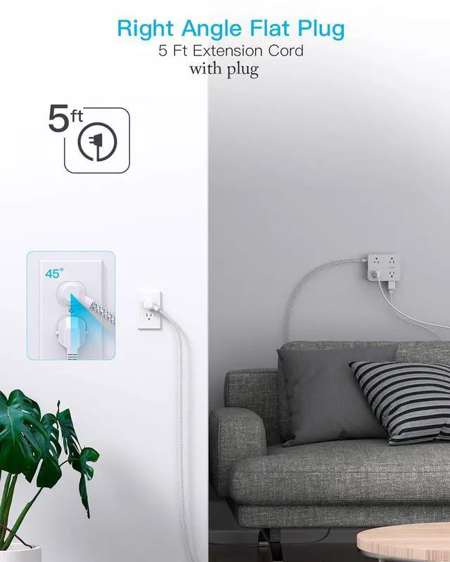 Alt view image 7 of 7 - Surge Protector Power Strip - 8 Outlets 4 USB (2 USB C) Charging Ports, Multi Plug Outlet Extender, 5Ft Braided Extension Cord, Flat Plug Wall Mount Desk Charging Station for Home Office ETL