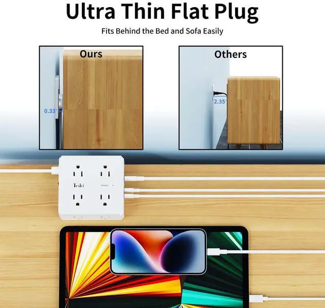 Alt view image 2 of 7 - 15 Ft Flat Extension Cord, Ultra-Thin Flat Plug Surge Protector Power Strip, 3-Sided Outlet Extender, 8 AC Outlets and 4 USB Ports(1 USB C) for Home, Office, Dorm Room Essentials, White