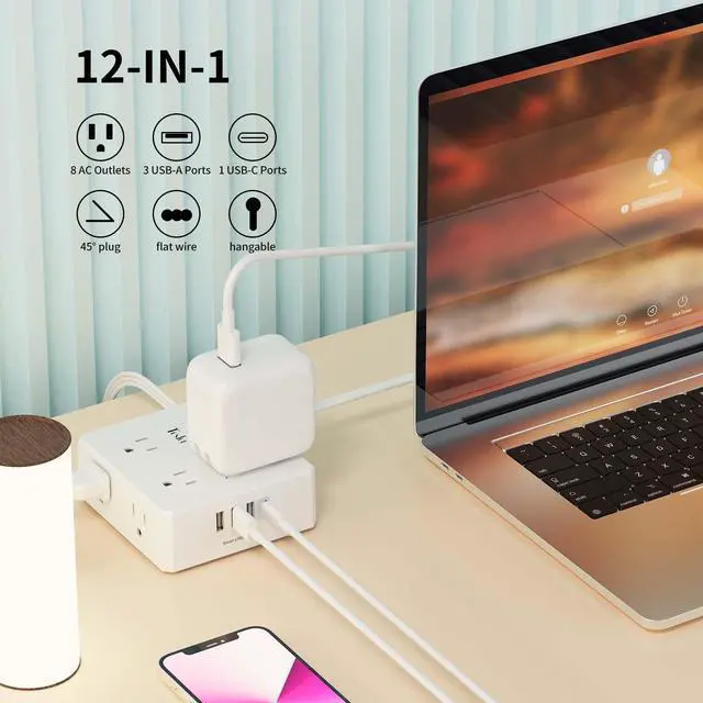 Alt view image 3 of 7 - 15 Ft Flat Extension Cord, Ultra-Thin Flat Plug Surge Protector Power Strip, 3-Sided Outlet Extender, 8 AC Outlets and 4 USB Ports(1 USB C) for Home, Office, Dorm Room Essentials, White