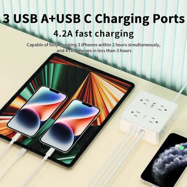Alt view image 4 of 7 - 15 Ft Flat Extension Cord, Ultra-Thin Flat Plug Surge Protector Power Strip, 3-Sided Outlet Extender, 8 AC Outlets and 4 USB Ports(1 USB C) for Home, Office, Dorm Room Essentials, White