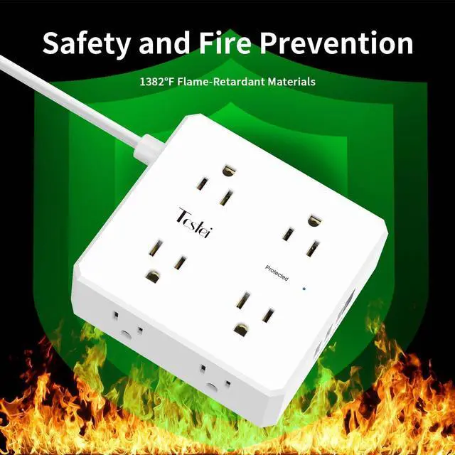 Alt view image 6 of 7 - 15 Ft Flat Extension Cord, Ultra-Thin Flat Plug Surge Protector Power Strip, 3-Sided Outlet Extender, 8 AC Outlets and 4 USB Ports(1 USB C) for Home, Office, Dorm Room Essentials, White