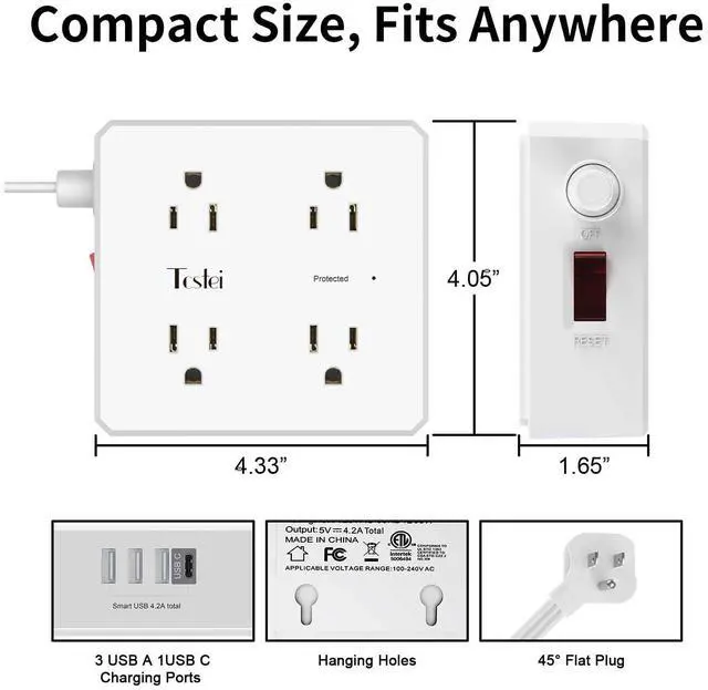 Alt view image 7 of 7 - 15 Ft Flat Extension Cord, Ultra-Thin Flat Plug Surge Protector Power Strip, 3-Sided Outlet Extender, 8 AC Outlets and 4 USB Ports(1 USB C) for Home, Office, Dorm Room Essentials, White