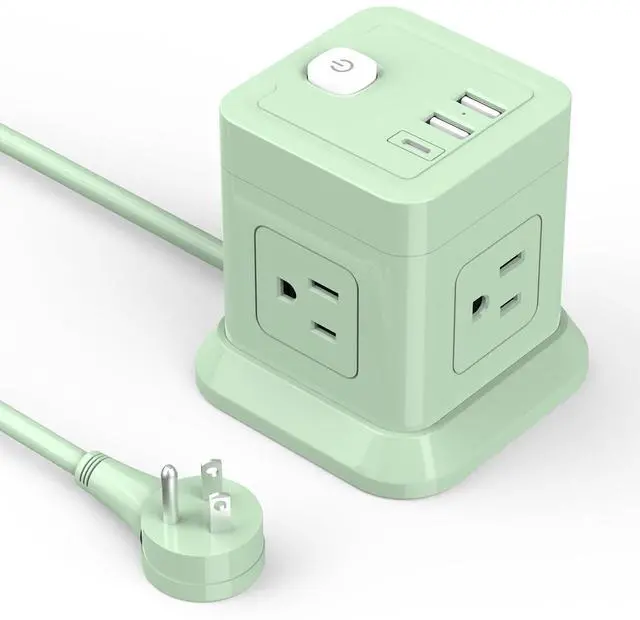 Main image of Cube Power Strip, FDTEK 4 Widely Spaced Outlet with 3 USB (1 USB C) Flat Plug Power Strips with Long Extension Cords Space Save Compact Portable for Travel Home Office Cruise (Green)