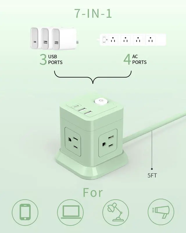 Alt view image 2 of 7 - Cube Power Strip, FDTEK 4 Widely Spaced Outlet with 3 USB (1 USB C) Flat Plug Power Strips with Long Extension Cords Space Save Compact Portable for Travel Home Office Cruise (Green)