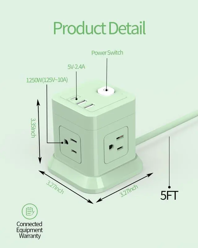 Alt view image 3 of 7 - Cube Power Strip, FDTEK 4 Widely Spaced Outlet with 3 USB (1 USB C) Flat Plug Power Strips with Long Extension Cords Space Save Compact Portable for Travel Home Office Cruise (Green)