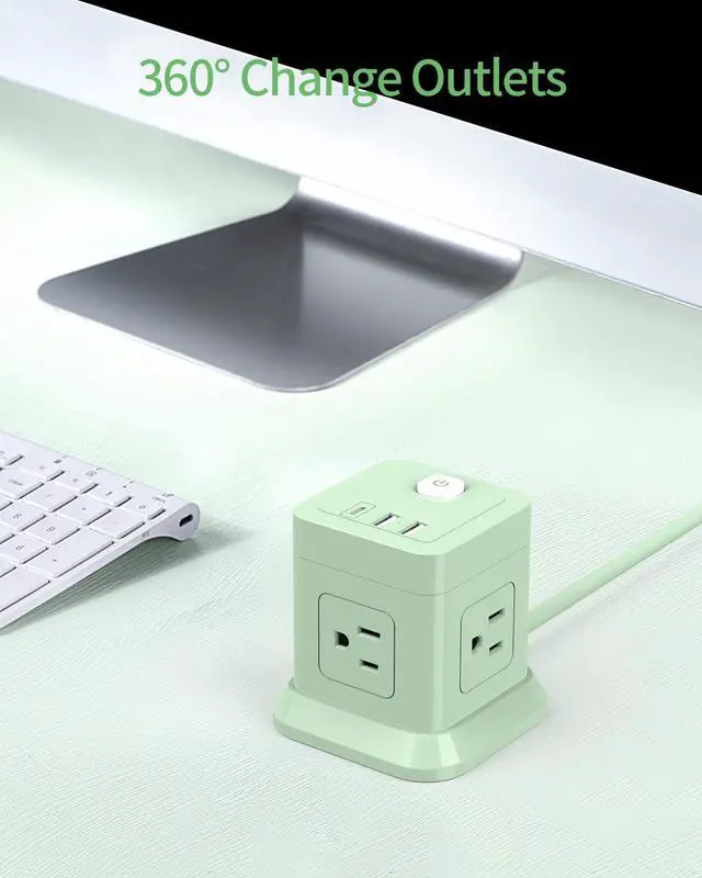 Alt view image 4 of 7 - Cube Power Strip, FDTEK 4 Widely Spaced Outlet with 3 USB (1 USB C) Flat Plug Power Strips with Long Extension Cords Space Save Compact Portable for Travel Home Office Cruise (Green)