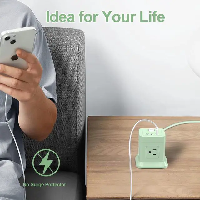 Alt view image 5 of 7 - Cube Power Strip, FDTEK 4 Widely Spaced Outlet with 3 USB (1 USB C) Flat Plug Power Strips with Long Extension Cords Space Save Compact Portable for Travel Home Office Cruise (Green)