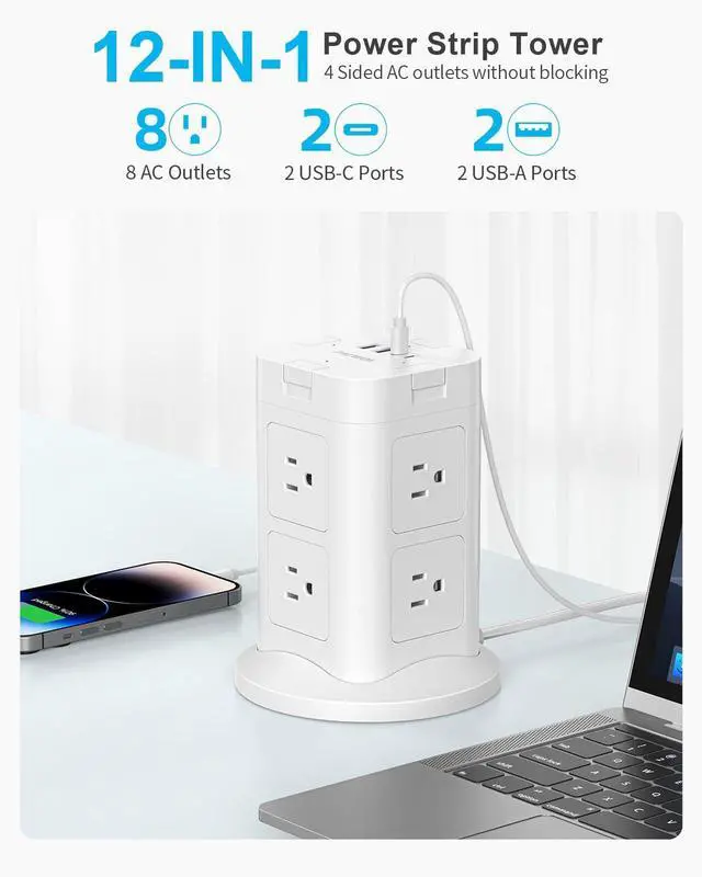 Alt view image 2 of 7 - Surge Protector Power Strip Tower with 4 USB (2 USB C), 8 AC Outlets Tower with Individual Switches, 6.5FT Flat Plug Extension Cord with Multiple Outlets for Home Office Dorm Room