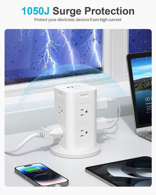Alt view image 3 of 7 - Surge Protector Power Strip Tower with 4 USB (2 USB C), 8 AC Outlets Tower with Individual Switches, 6.5FT Flat Plug Extension Cord with Multiple Outlets for Home Office Dorm Room
