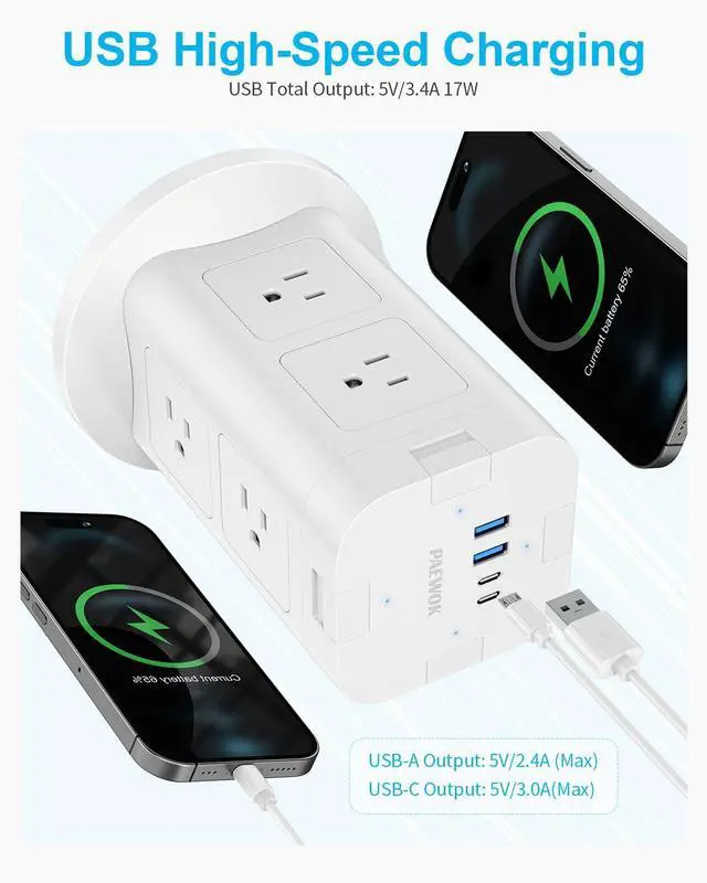 Alt view image 5 of 7 - Surge Protector Power Strip Tower with 4 USB (2 USB C), 8 AC Outlets Tower with Individual Switches, 6.5FT Flat Plug Extension Cord with Multiple Outlets for Home Office Dorm Room
