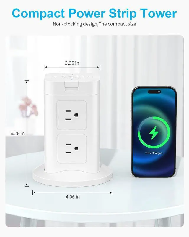 Alt view image 7 of 7 - Surge Protector Power Strip Tower with 4 USB (2 USB C), 8 AC Outlets Tower with Individual Switches, 6.5FT Flat Plug Extension Cord with Multiple Outlets for Home Office Dorm Room