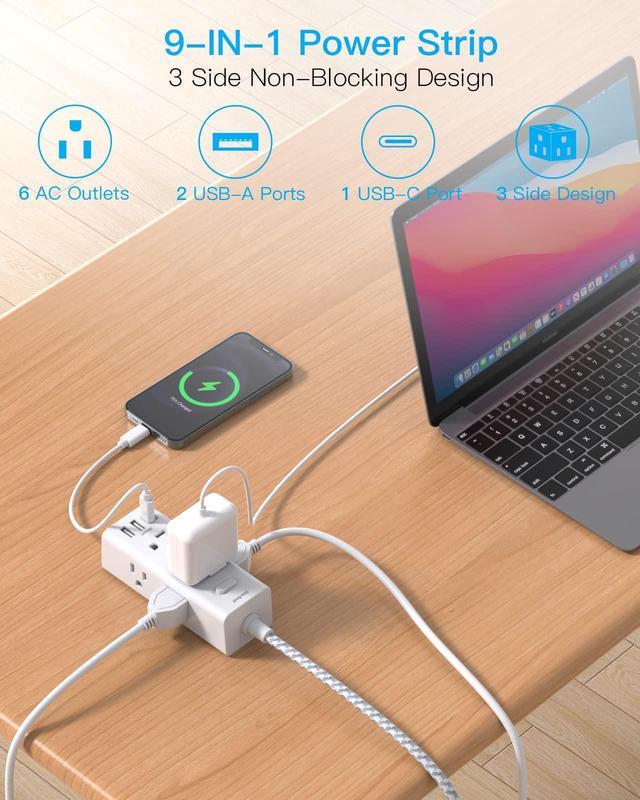 Alt view image 2 of 7 - Power Strip Surge Protector - One Beat 6 Widely Outlets with 3 USB Ports (1 USB C), 5 Ft Extension Cord Flat Plug, Wall Mount Outlet Extender Small Power Strip for Travel Home Office College Dorm Room