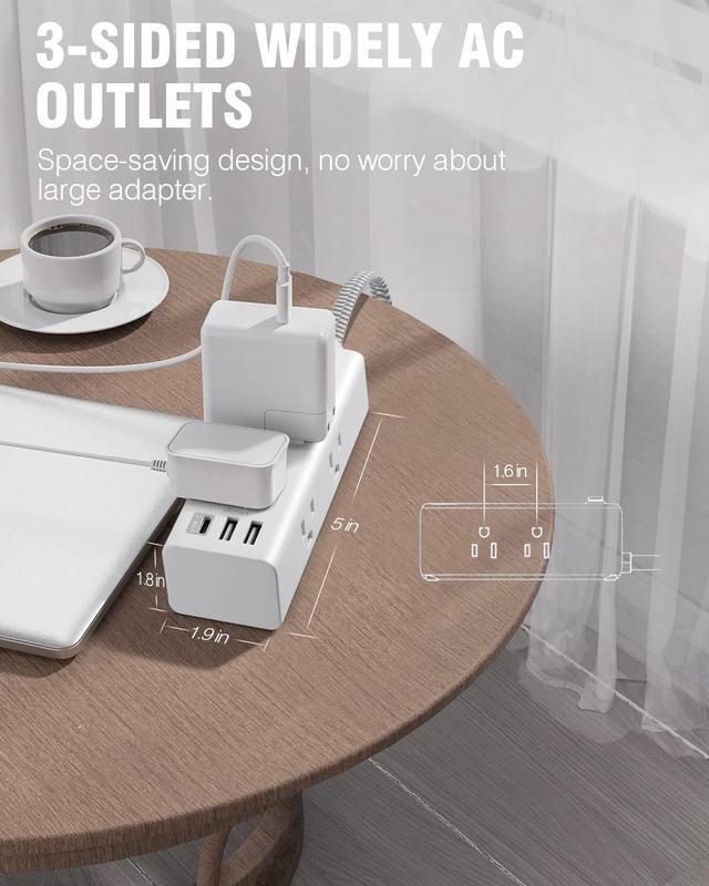 Alt view image 4 of 7 - Power Strip Surge Protector - One Beat 6 Widely Outlets with 3 USB Ports (1 USB C), 5 Ft Extension Cord Flat Plug, Wall Mount Outlet Extender Small Power Strip for Travel Home Office College Dorm Room