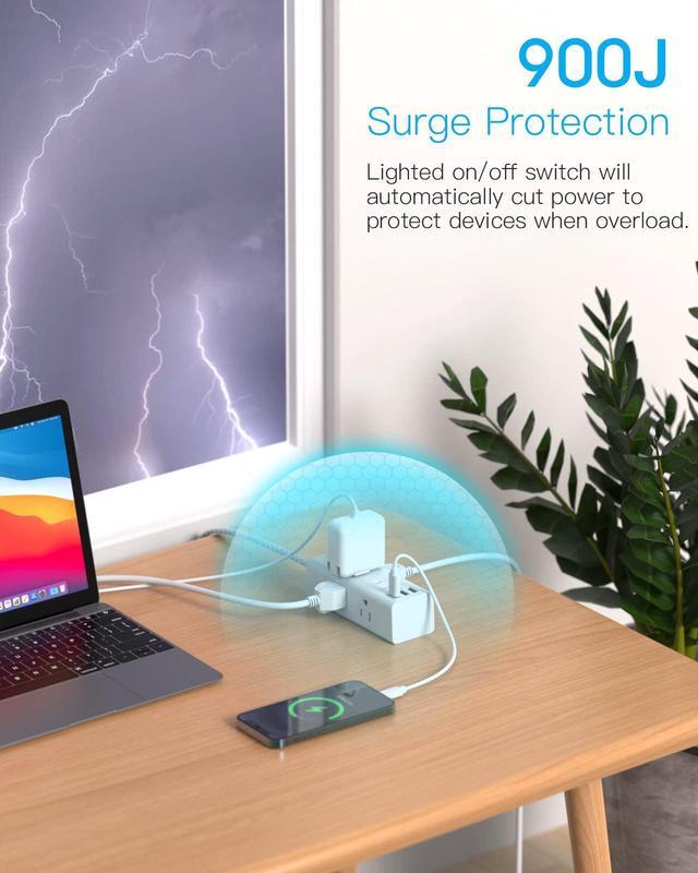 Alt view image 6 of 7 - Power Strip Surge Protector - One Beat 6 Widely Outlets with 3 USB Ports (1 USB C), 5 Ft Extension Cord Flat Plug, Wall Mount Outlet Extender Small Power Strip for Travel Home Office College Dorm Room