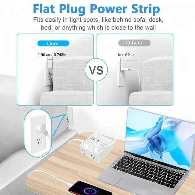 Alt view image 2 of 7 - Flat Plug Surge Protector Power Strip, 5 Ft Ultra Sturdy Extension Cord with 4 USB Wall Charger, 4 Widely Outlets Convenient Style Desk USB Charging Station for Travel, Office, Dorm Room