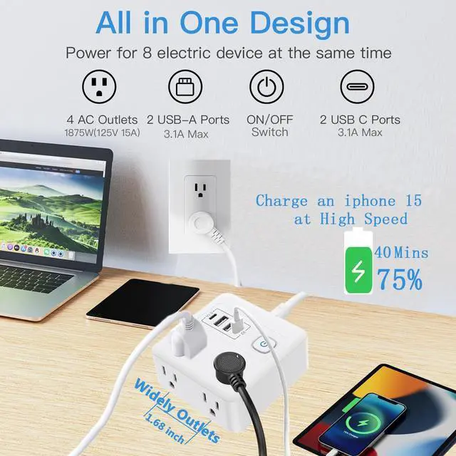 Alt view image 3 of 7 - Flat Plug Surge Protector Power Strip, 5 Ft Ultra Sturdy Extension Cord with 4 USB Wall Charger, 4 Widely Outlets Convenient Style Desk USB Charging Station for Travel, Office, Dorm Room
