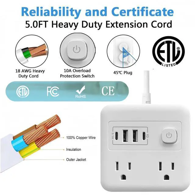 Alt view image 5 of 7 - Flat Plug Surge Protector Power Strip, 5 Ft Ultra Sturdy Extension Cord with 4 USB Wall Charger, 4 Widely Outlets Convenient Style Desk USB Charging Station for Travel, Office, Dorm Room