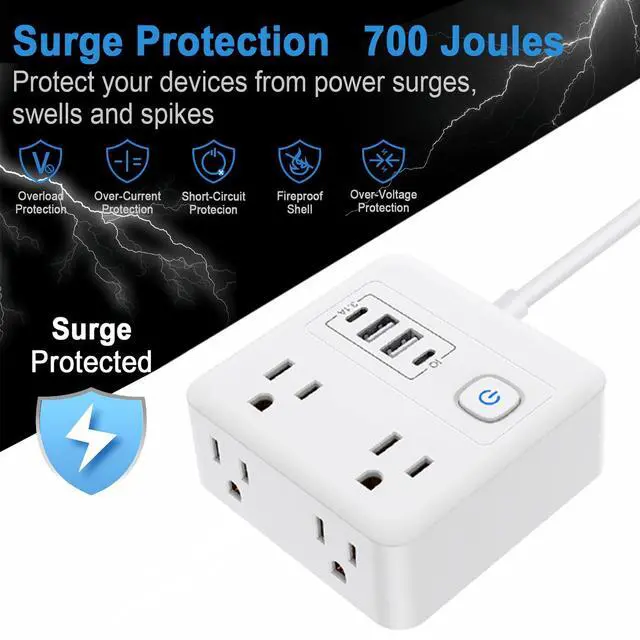 Alt view image 6 of 7 - Flat Plug Surge Protector Power Strip, 5 Ft Ultra Sturdy Extension Cord with 4 USB Wall Charger, 4 Widely Outlets Convenient Style Desk USB Charging Station for Travel, Office, Dorm Room
