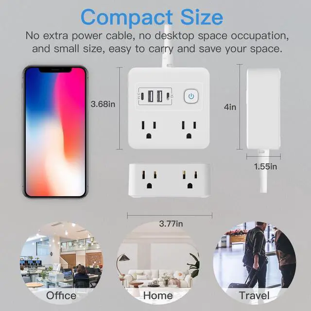 Alt view image 7 of 7 - Flat Plug Surge Protector Power Strip, 5 Ft Ultra Sturdy Extension Cord with 4 USB Wall Charger, 4 Widely Outlets Convenient Style Desk USB Charging Station for Travel, Office, Dorm Room