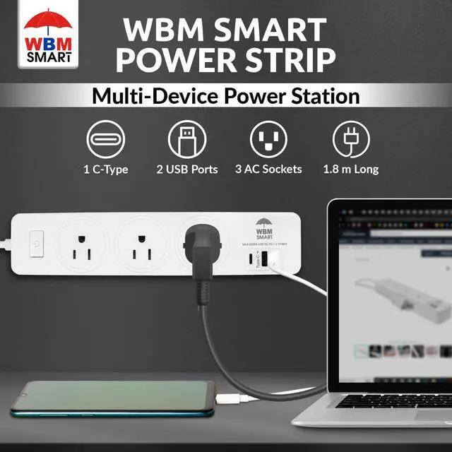 Alt view image 2 of 7 - WBM SMART Power Strip 5.9 ft 10 A, Extention Cord Socket with 2 USB Ports and 1 Type C Plug, ETL Certified, Multi Outlet Extender for Home, Office, and Dorm Room