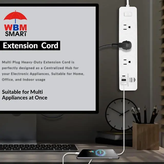 Alt view image 3 of 7 - WBM SMART Power Strip 5.9 ft 10 A, Extention Cord Socket with 2 USB Ports and 1 Type C Plug, ETL Certified, Multi Outlet Extender for Home, Office, and Dorm Room