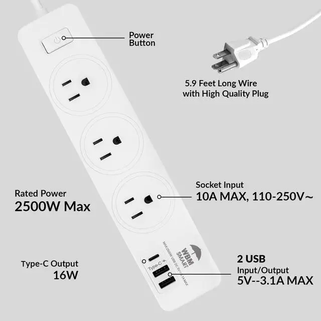 Alt view image 4 of 7 - WBM SMART Power Strip 5.9 ft 10 A, Extention Cord Socket with 2 USB Ports and 1 Type C Plug, ETL Certified, Multi Outlet Extender for Home, Office, and Dorm Room