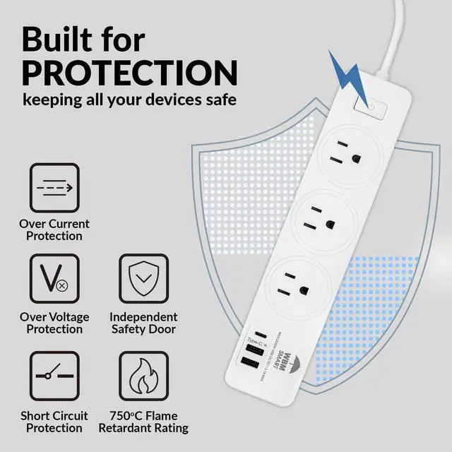 Alt view image 5 of 7 - WBM SMART Power Strip 5.9 ft 10 A, Extention Cord Socket with 2 USB Ports and 1 Type C Plug, ETL Certified, Multi Outlet Extender for Home, Office, and Dorm Room