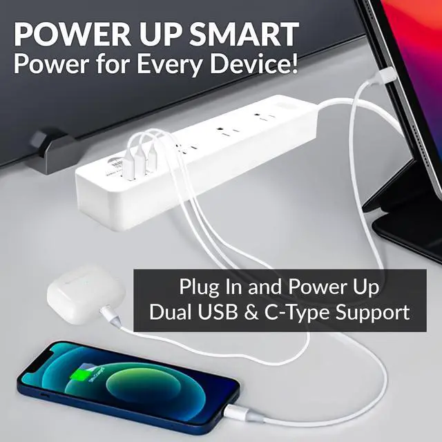Alt view image 6 of 7 - WBM SMART Power Strip 5.9 ft 10 A, Extention Cord Socket with 2 USB Ports and 1 Type C Plug, ETL Certified, Multi Outlet Extender for Home, Office, and Dorm Room