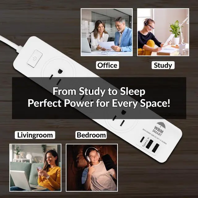 Alt view image 7 of 7 - WBM SMART Power Strip 5.9 ft 10 A, Extention Cord Socket with 2 USB Ports and 1 Type C Plug, ETL Certified, Multi Outlet Extender for Home, Office, and Dorm Room
