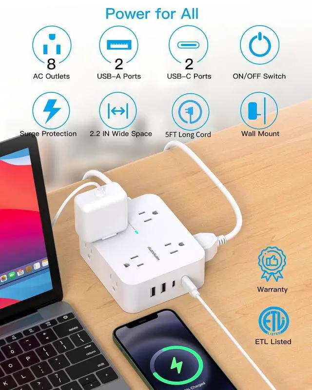 Alt view image 2 of 7 - Power Strips with Surge Protection - HANYCONY 8 Widely Outlets with 4 USB Ports (2 USB C), 3-Side Outlet Extender Strip, 5 Ft Extension Cord, Ideal for Home Office College Dorm Room Essentials