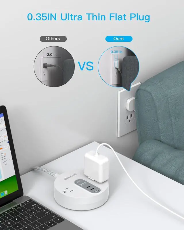Alt view image 2 of 7 - Power Strip Surge Protector with 2 USB C - Ultra Flat Plug Extension Cord with 2 Widely AC Outlets and 3 USB, Small Desktop Charging Station with 5 ft Power Cord, Compact for Travel Home Office Dorm