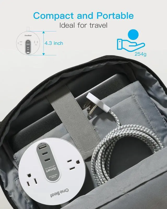 Alt view image 4 of 7 - Power Strip Surge Protector with 2 USB C - Ultra Flat Plug Extension Cord with 2 Widely AC Outlets and 3 USB, Small Desktop Charging Station with 5 ft Power Cord, Compact for Travel Home Office Dorm