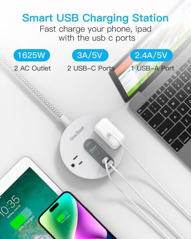 Alt view image 3 of 7 - Power Strip Surge Protector with 2 USB C - Ultra Flat Plug Extension Cord with 2 Widely AC Outlets and 3 USB, Small Desktop Charging Station with 5 ft Power Cord, Compact for Travel Home Office Dorm