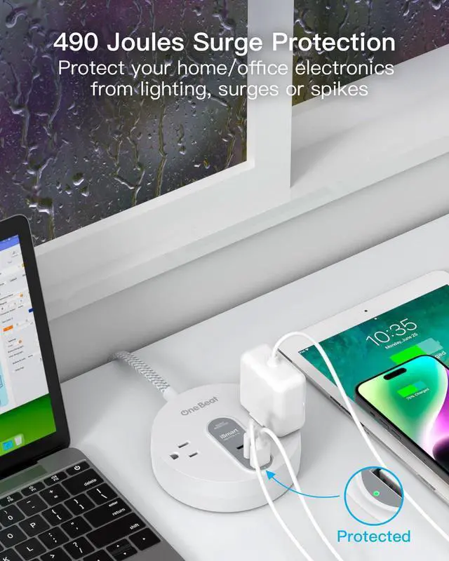 Alt view image 6 of 7 - Power Strip Surge Protector with 2 USB C - Ultra Flat Plug Extension Cord with 2 Widely AC Outlets and 3 USB, Small Desktop Charging Station with 5 ft Power Cord, Compact for Travel Home Office Dorm