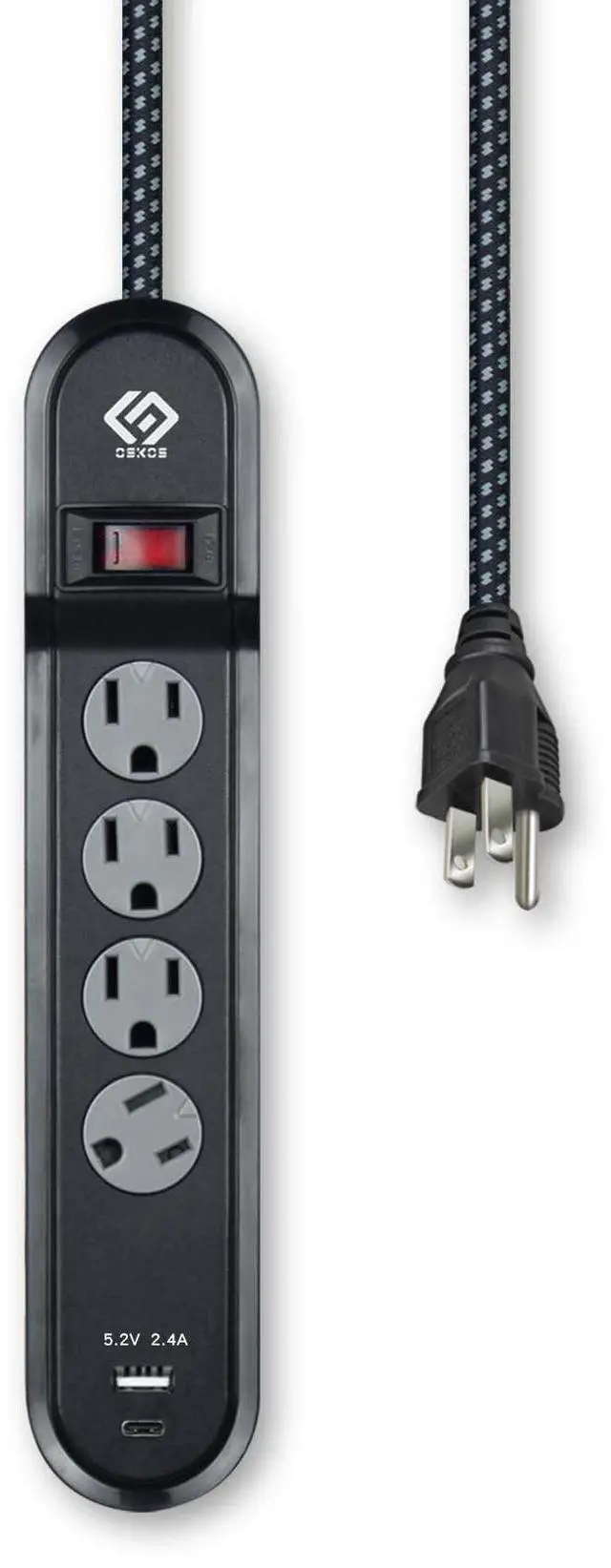 Main image of OSKOS Surge Protector Power Strip, 4 Outlets, Two USB 2.4A Ports (1A+1C), 6FT Extension Cord, 500 Joules, 15A/1800W,Wall Mountable, UL Listed