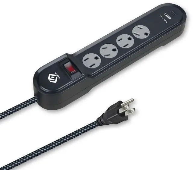 Alt view image 3 of 6 - OSKOS Surge Protector Power Strip, 4 Outlets, Two USB 2.4A Ports (1A+1C), 6FT Extension Cord, 500 Joules, 15A/1800W,Wall Mountable, UL Listed