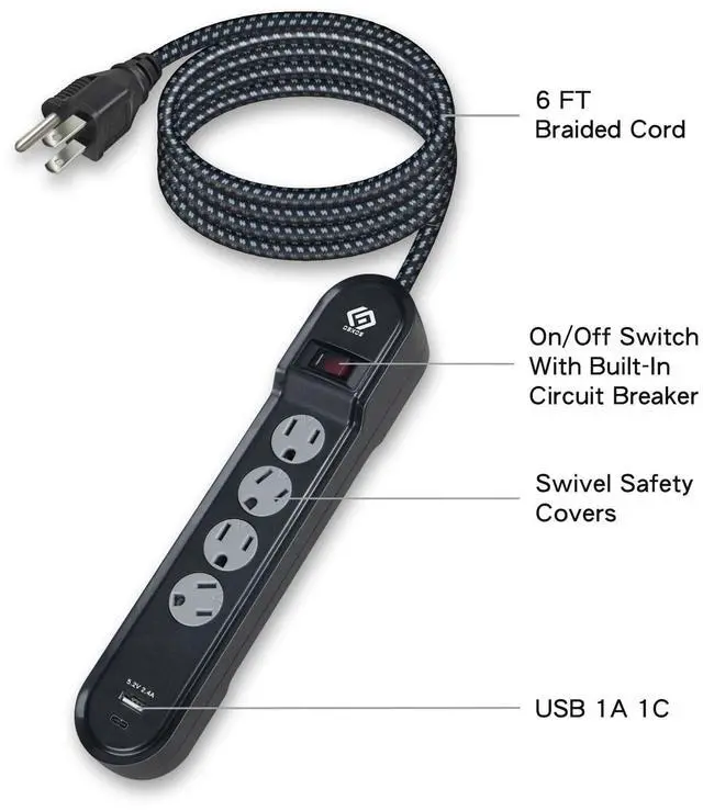 Alt view image 4 of 6 - OSKOS Surge Protector Power Strip, 4 Outlets, Two USB 2.4A Ports (1A+1C), 6FT Extension Cord, 500 Joules, 15A/1800W,Wall Mountable, UL Listed