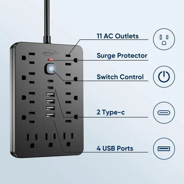 Alt view image 3 of 7 - JouleLoom 6 FT Flat Plug Surge Protector Power Strip,11 Multiple AC Outlets with 6 USB Ports (2 USB C), 6 Feet Extension Cord, 1250W/10A, One Touch Switch Button, 17 in 1 Compact powerstrip