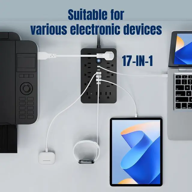 Alt view image 7 of 7 - JouleLoom 6 FT Flat Plug Surge Protector Power Strip,11 Multiple AC Outlets with 6 USB Ports (2 USB C), 6 Feet Extension Cord, 1250W/10A, One Touch Switch Button, 17 in 1 Compact powerstrip