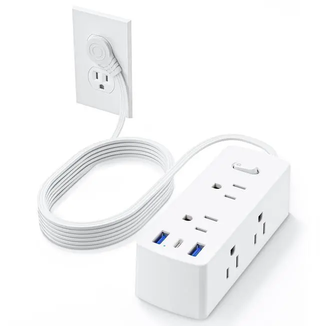 Main image of Flat Plug Power Strip, Olcorife Flat Extension Cord 5ft, 6 Outlets 3 USB Ports(1 USB C), 3-Side Outlet Extender Surge Protector for Home Office Travel Dorm Room Essentials, White